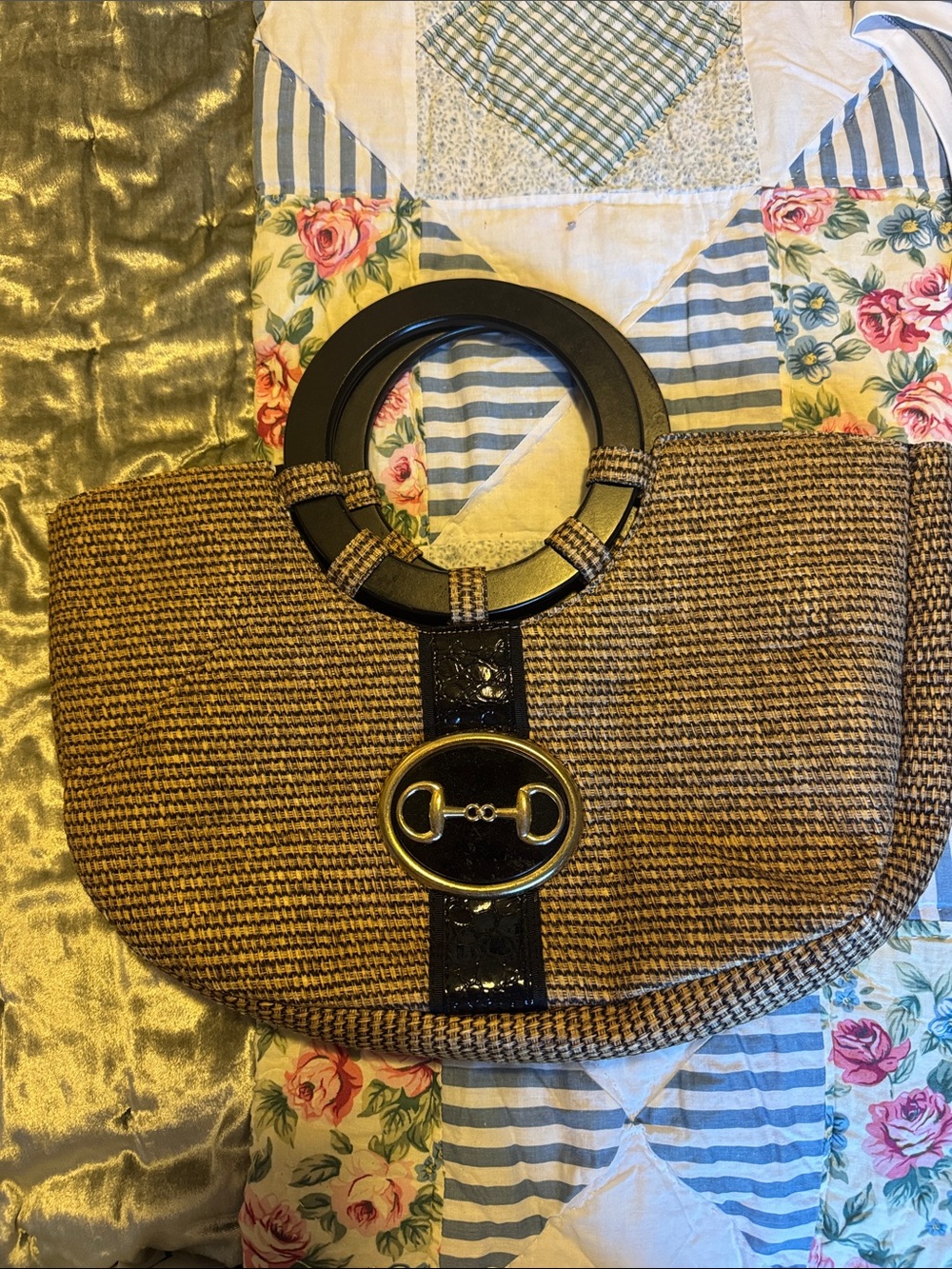 Braciano Brown Woven Shoulder Bag with Black Trim and Gold Hardware
